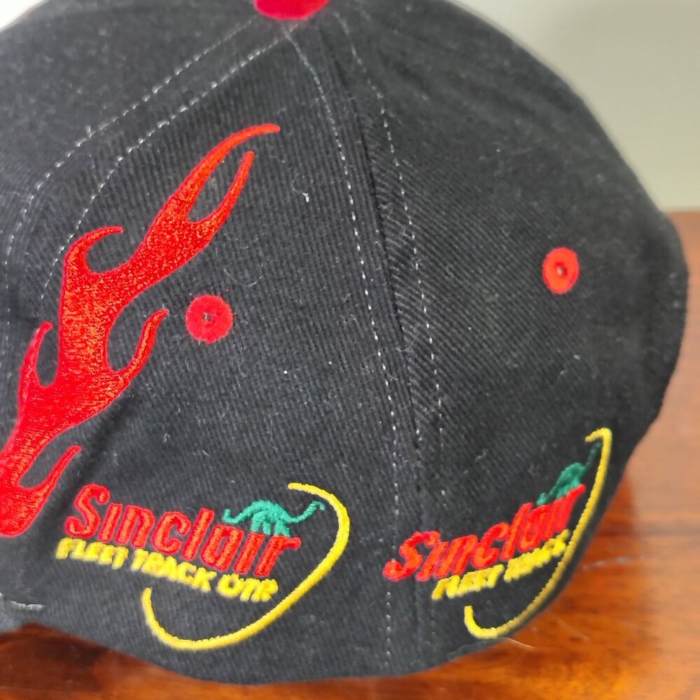 Sinclair Hat Cap Strap Back Black Red Dino Flame Racing Mens - Picture 7 of 12